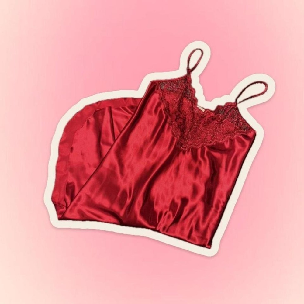 Vintage Lace Satin Slip Dress Red XS